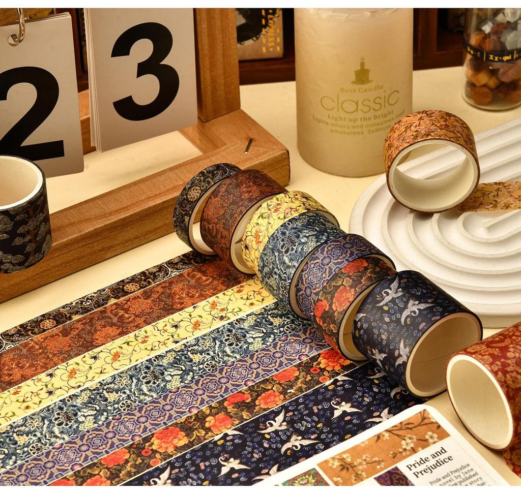 12 rolls/box Retro Landscape Washi Tape Creative Floral Mountain Crane Design Sticker Rolls Scrapbook Gift Wrapping