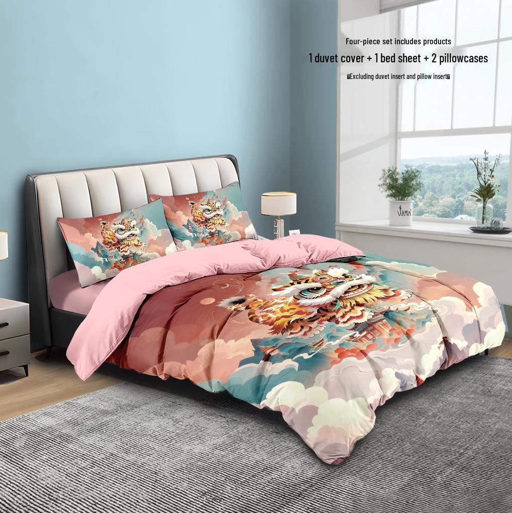 Cool Lion Dance Four-Piece Chinese Style Duvet Set for Boys' Bedroom or Dorm