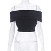 M European and American Women's Clothing Summer New Solid Color One-word Neck Pleated Sleeves Backless Casual Short Top T-shirt