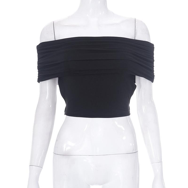 M European and American Women's Clothing Summer New Solid Color One-word Neck Pleated Sleeves Backless Casual Short Top T-shirt