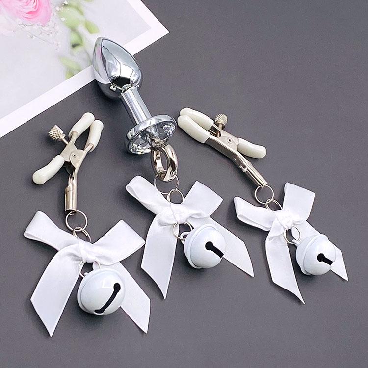 Bowknot Anal Plug & Nipple Clamps with Bells - Cute Flirting Set for Couples