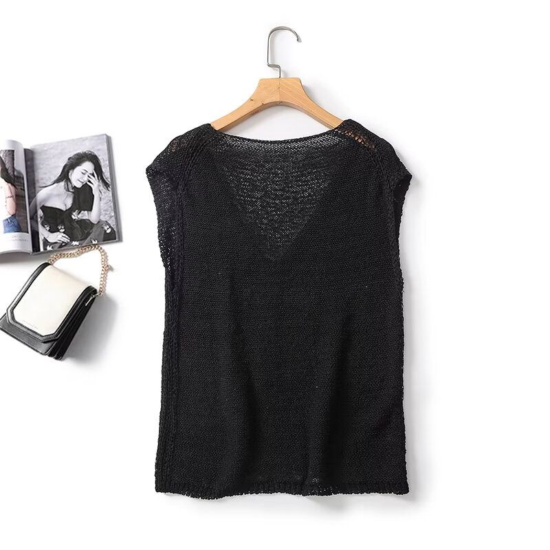 Md2024 Women Clothes Minimalist Black Fashionable Overlapping V-neck Sleeveless Knitted Sleeveless T-shirt Top 05627676800