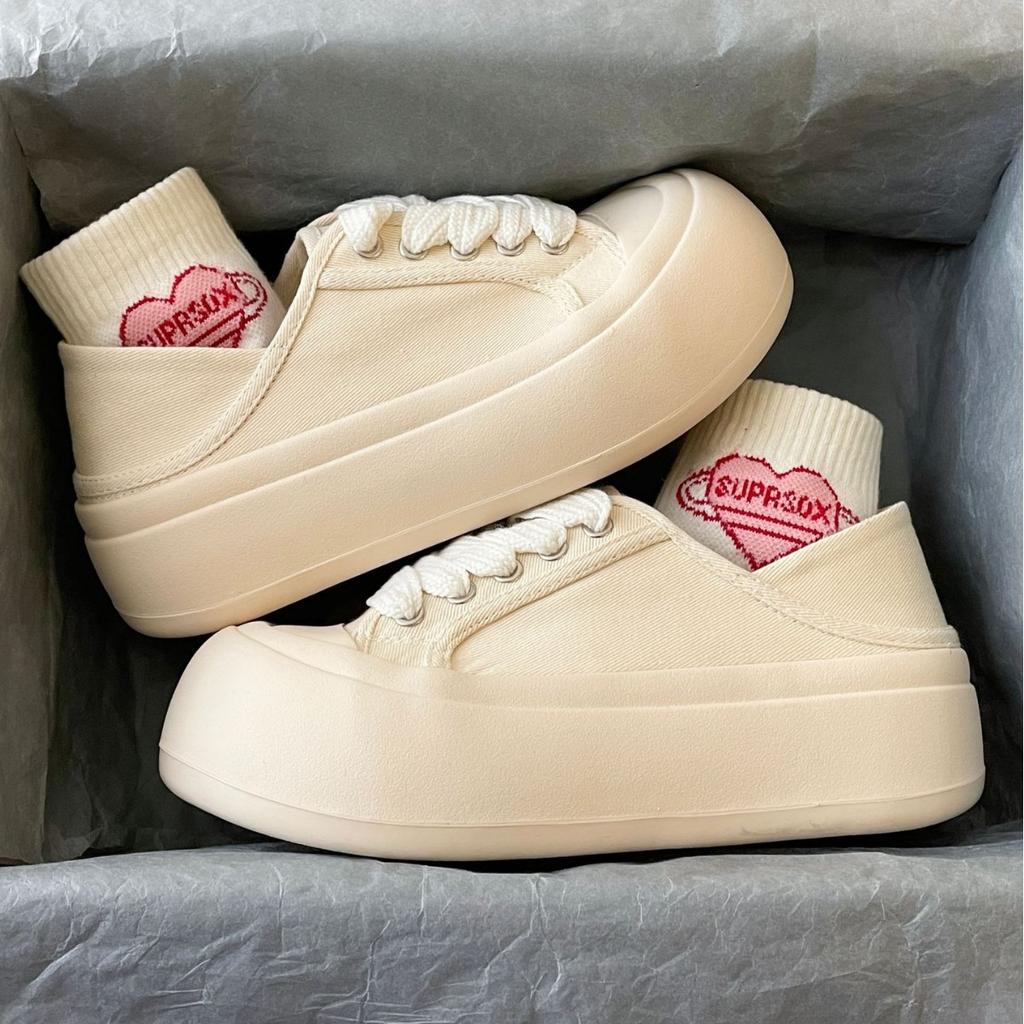 Ugly Cute Big Head Bread Shoes Women's Chic Shoes Versatile 2025 Spring New Two-wear Canvas Shoes Platform White Shoes