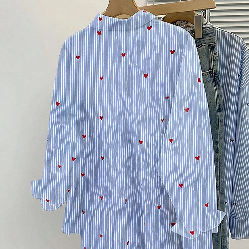 Simple Striped Long-sleeved Shirt for Women's Autumn Commuting Style Blue Single-breasted Shirt Versatile Cardigan