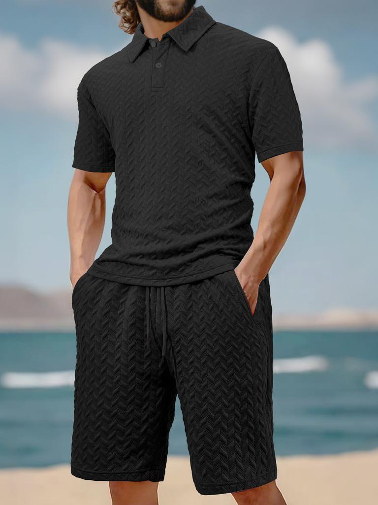 Men's Jacquard Polo Set Summer Thin Plaid Short Sleeve Casual Sports Outfit