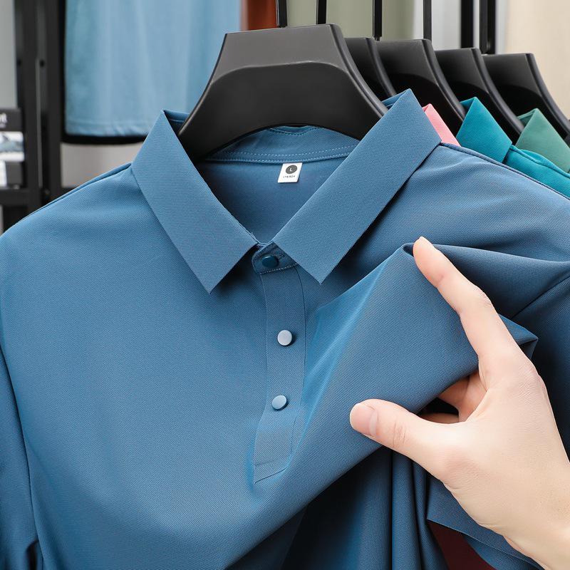 Pánské letní polo tričko z ledového hedvábí - Elastické, nemačkavé, jednobarevné, krátký rukáv, Business Casual s límečkem.