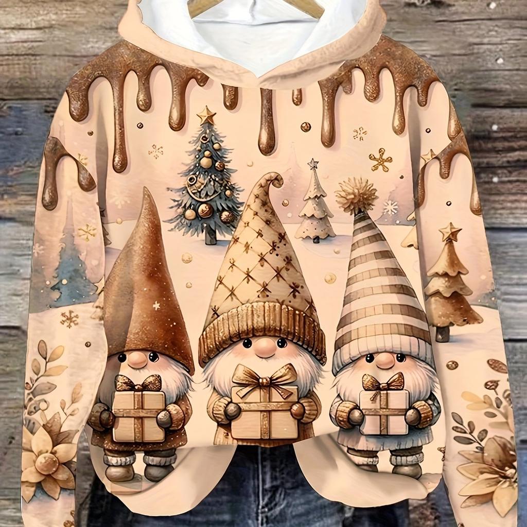 Ladies' Christmas Dwarf Print Hoodie - Casual Pullover Hoodie, Long Sleeve, 100% Polyester Knitted Fabric