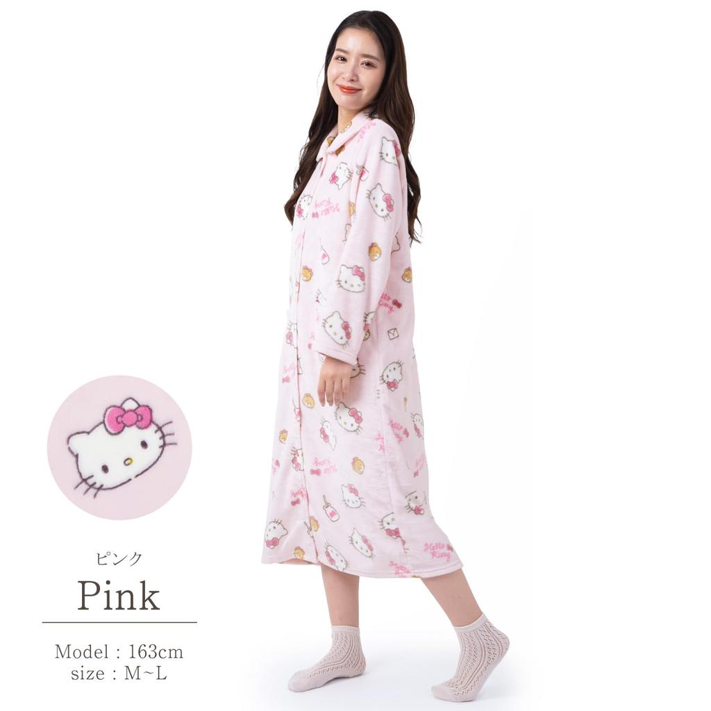 Hello Kitty Nightgown Flannel Loungewear Pink Ribbon Hello Kitty [SAZAC] One-piece Women's Button-down (Pink/ML/SAN1747)