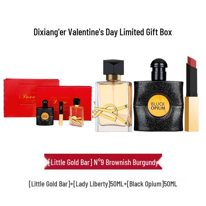 Qixi Valentine's Perfume & Lipstick Set: Rose, Black Opium, Libre - Gift for Girlfriend or Bestie