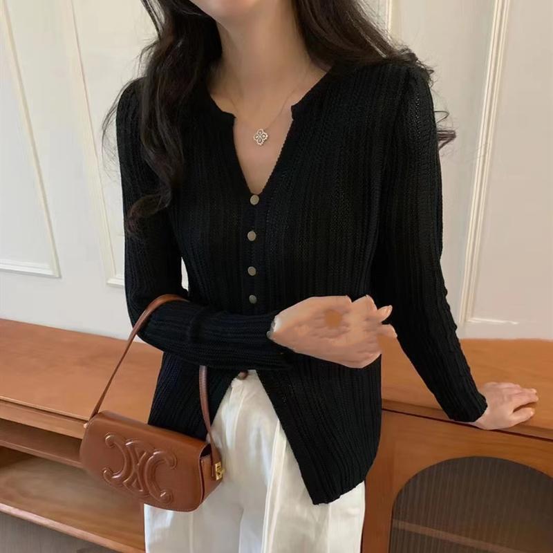 

Spring Autumn Thin V-neck Long Sleeve Knitted Sweater for Women Fashion Simple Slim Fit Elegant Casual Solid Color Gentle Lady Tops Clothing One Size чорний