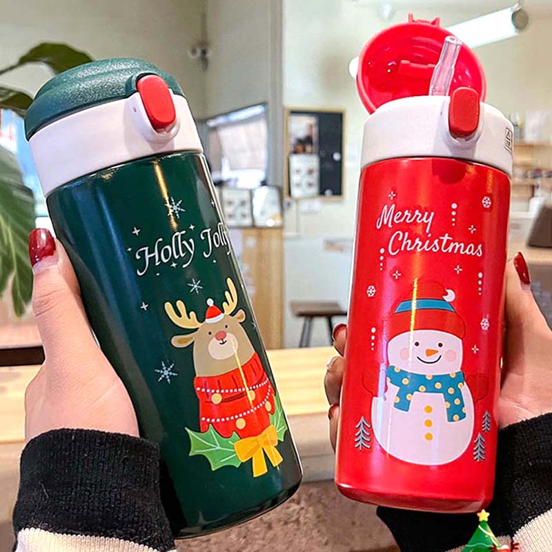 New Cute Christmas Thermos Water Bottle With Straw For Kids Vacuum Insulation Drinking Bottles Thermo Cup Couple Christmas Gift