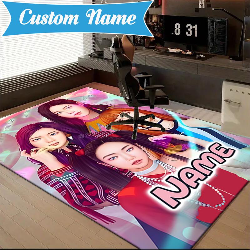 Custom Name Neon Kpop BP Rug for Living Room, Game Rooms, Office, Bedroom, Floor Mat Playful Design, fan gifts Christmas decor