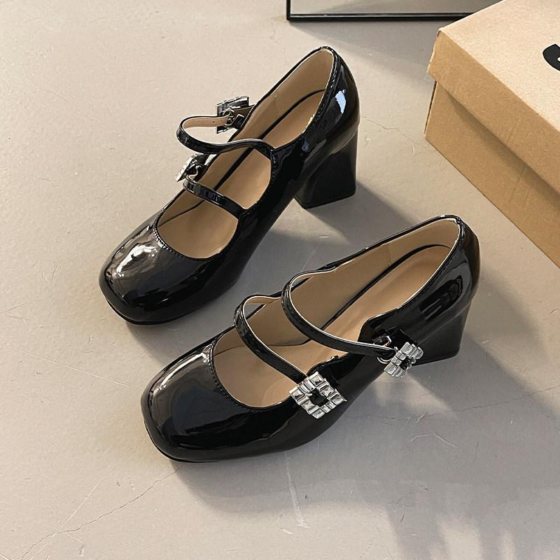 Patent Leather Crystal Women Mary Jane Shoes Fashion Shallow Buckle Strap Shoes Vintage Spring Autumn Stripper Party Shoes