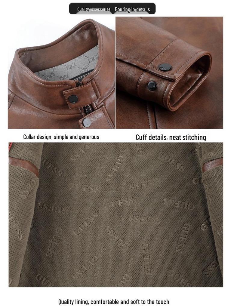 Brand Versatile Men's Stand Collar Leather Jacket, 2025 Spring/Autumn Collection - Cool Motorcycle Style for Mid-Aged and Young Men