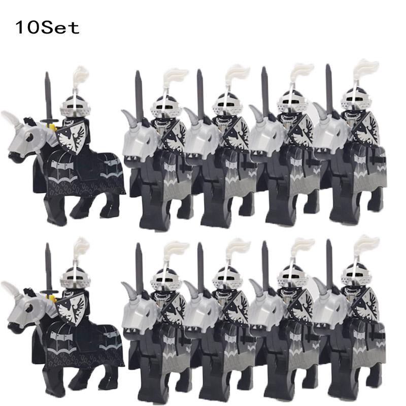 10 Sets Medieval Castle Knight Royal King's Red Dragon Black Warrior Soldier Rider with Horse Building Blocks Toys for Children