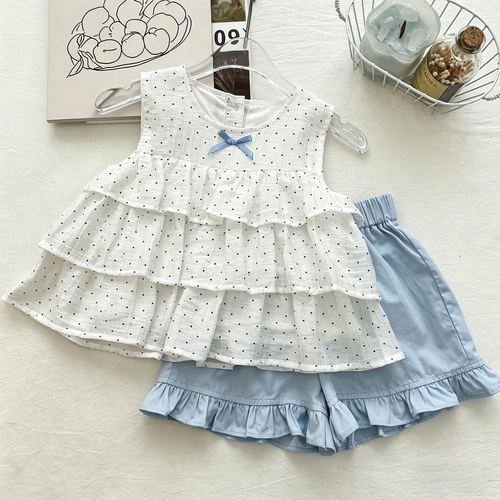 Girls Summer Polka Dot Ruffle Tiered Sleeveless Top And Shorts Set Fashionable Two Piece Outfit For Kids