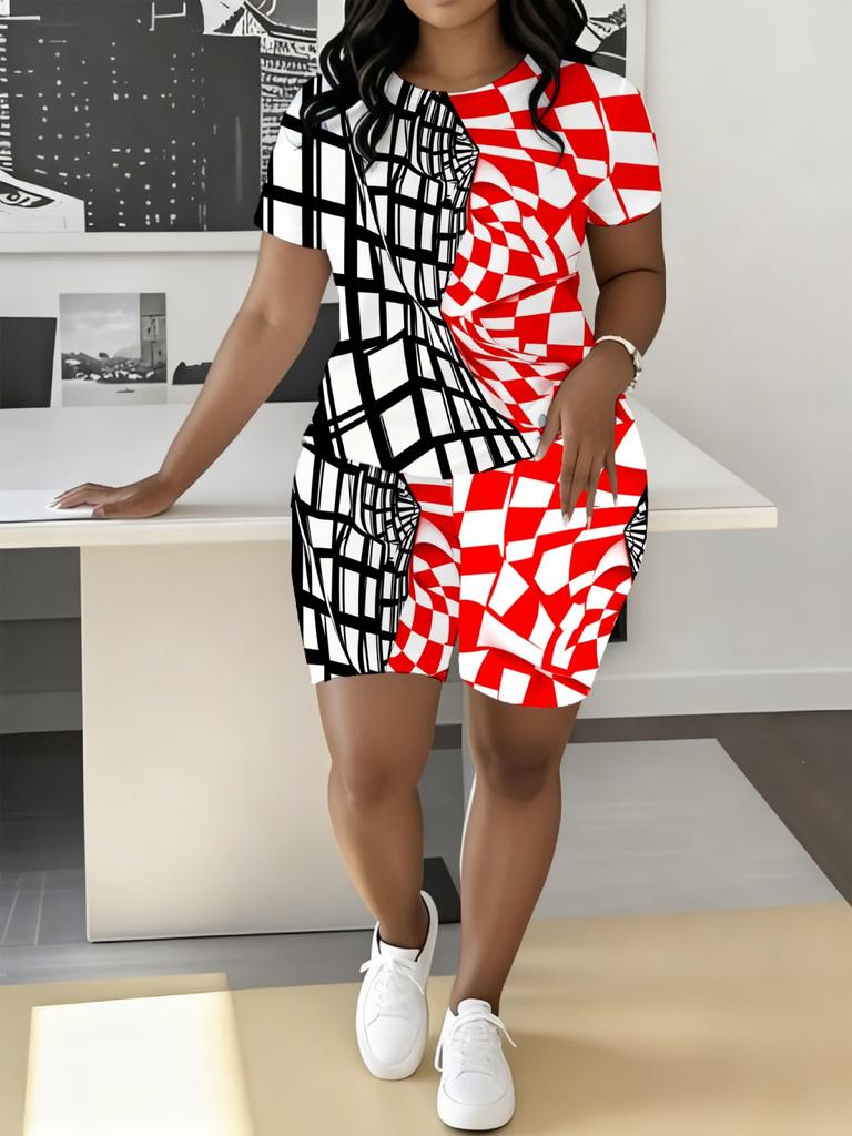 1116 new casual sports style digital printing shoulder sleeve T-shirt high waist tight shorts fashion suit women