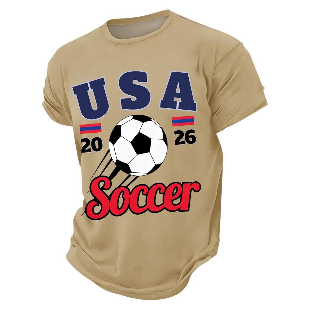 Men’s Casual Crew Neck Printed Short Sleeve Lightweight Breathable Top with USA 2026 Soccer Letter Graphic Design