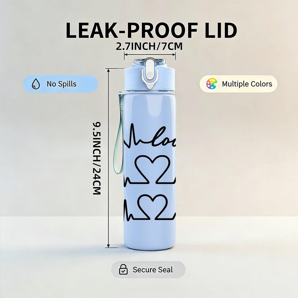 1PC Love Heart Electrocardiogram Line Art 750ml Color Plastic Sports Water Bottle Leakproof Flip Straw Lid Suitable for Sports Office Home Use