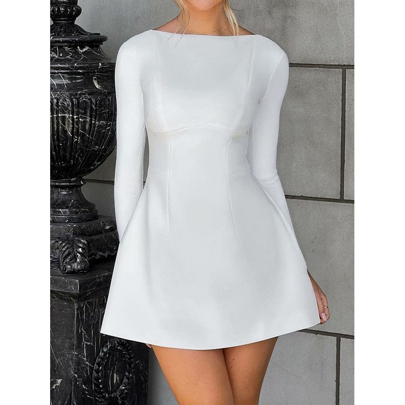 and American Foreign Trade Women s Clothing Autumn and Winter Amazon Independent Site Elegant Style Solid Color Long-Sleeved Backless Short Dress White S