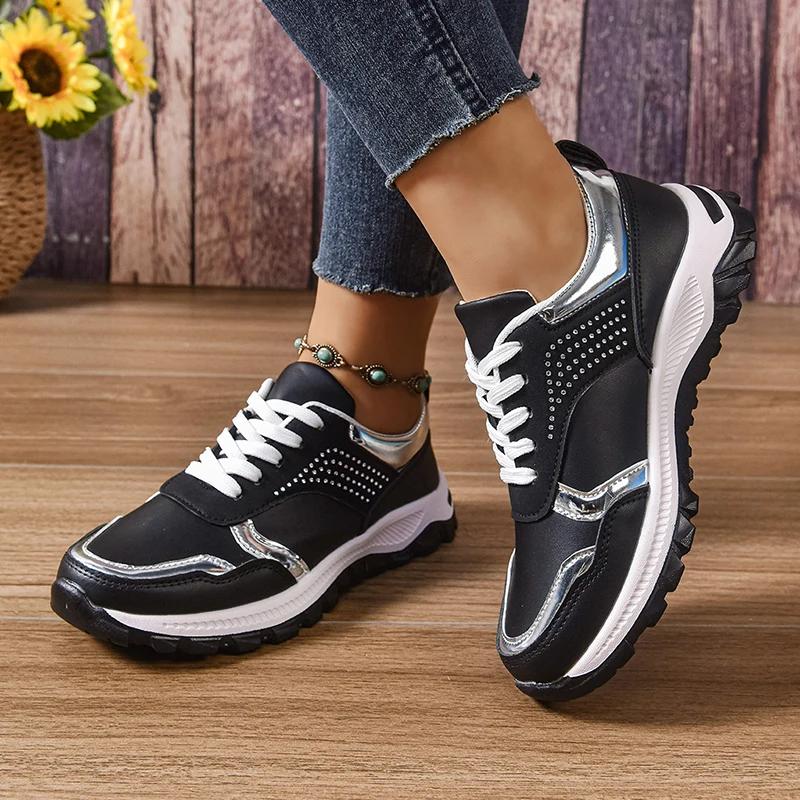 Fashion Women's PU Leather Platform Sneakers Crystal Decoration Platform Sneakers Plus Size Non-slip Casual Walking Shoes 2025 43