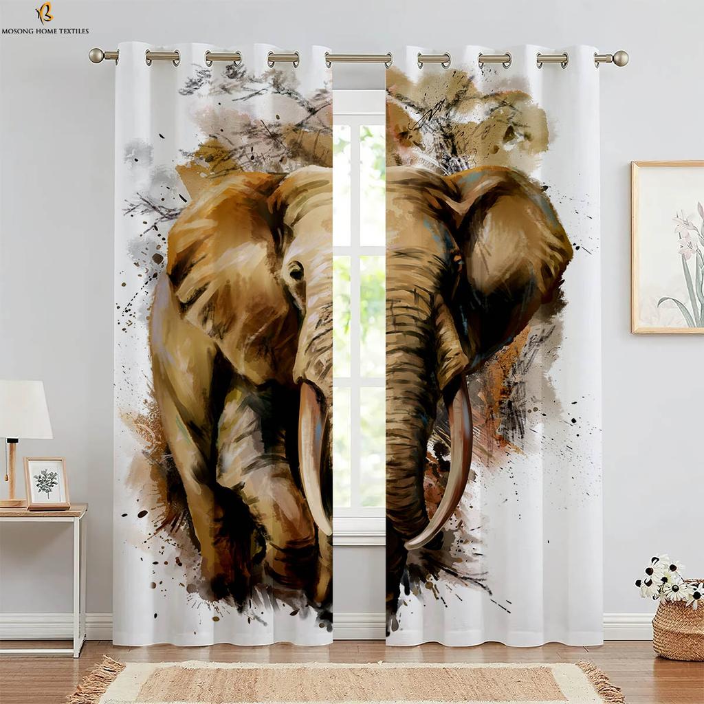 Set Of 2 European Retro Elephant Pattern Printed Curtains Polyester Bedroom Living Room Kitchen Curtain Machine Washable Ideal For Great