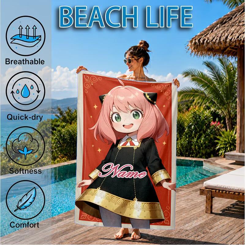 Custom Name Adventure Cute Anya Beach Towel Microfiber Beach Towel, Lightweight and Quick-Dry, for Summer Travel, Swimming Pool Gift