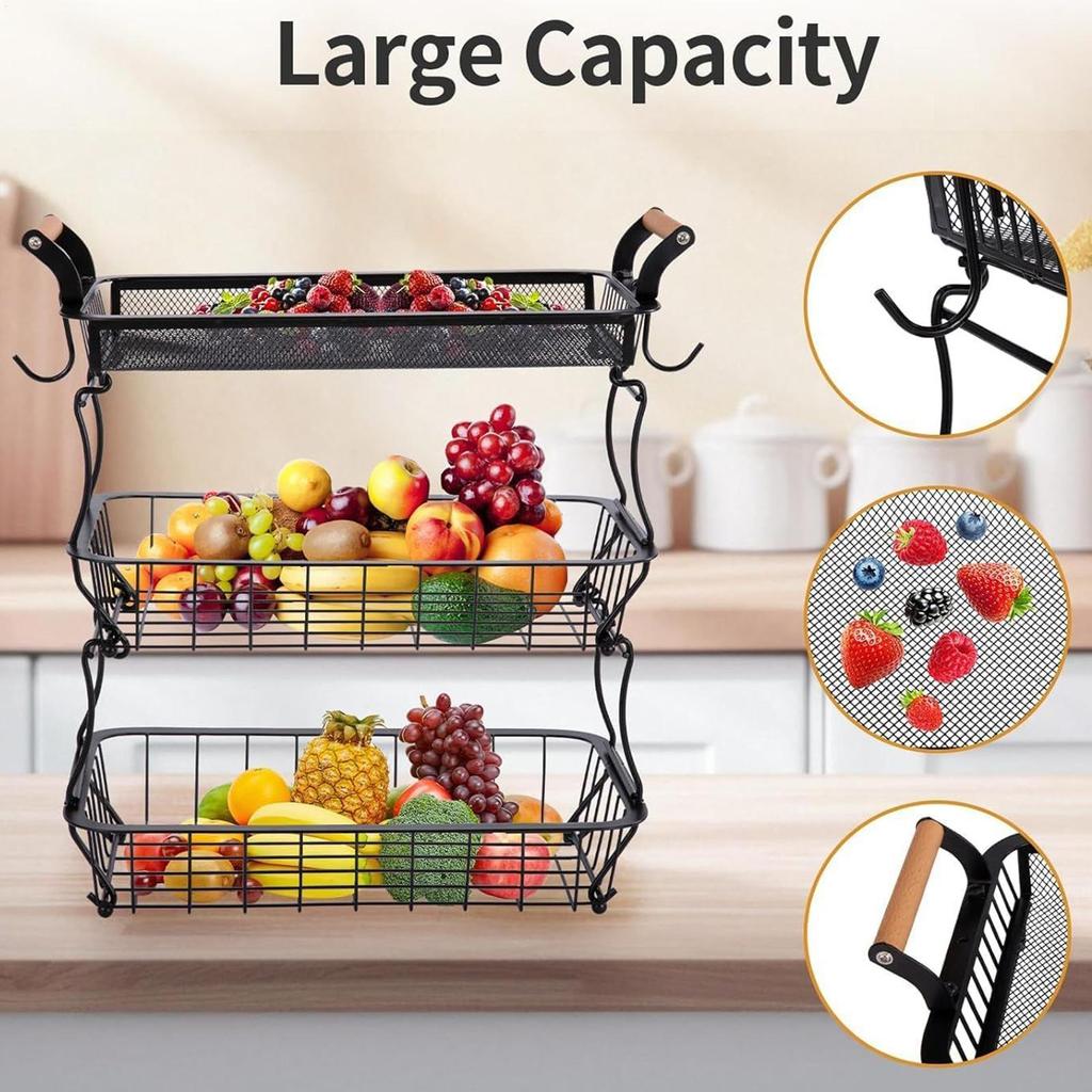 Fruit Basket Vegetable Basket Metal Storage Basket with Hook and Wooden Handle Stackable and Removable Kitchen Storage Rack