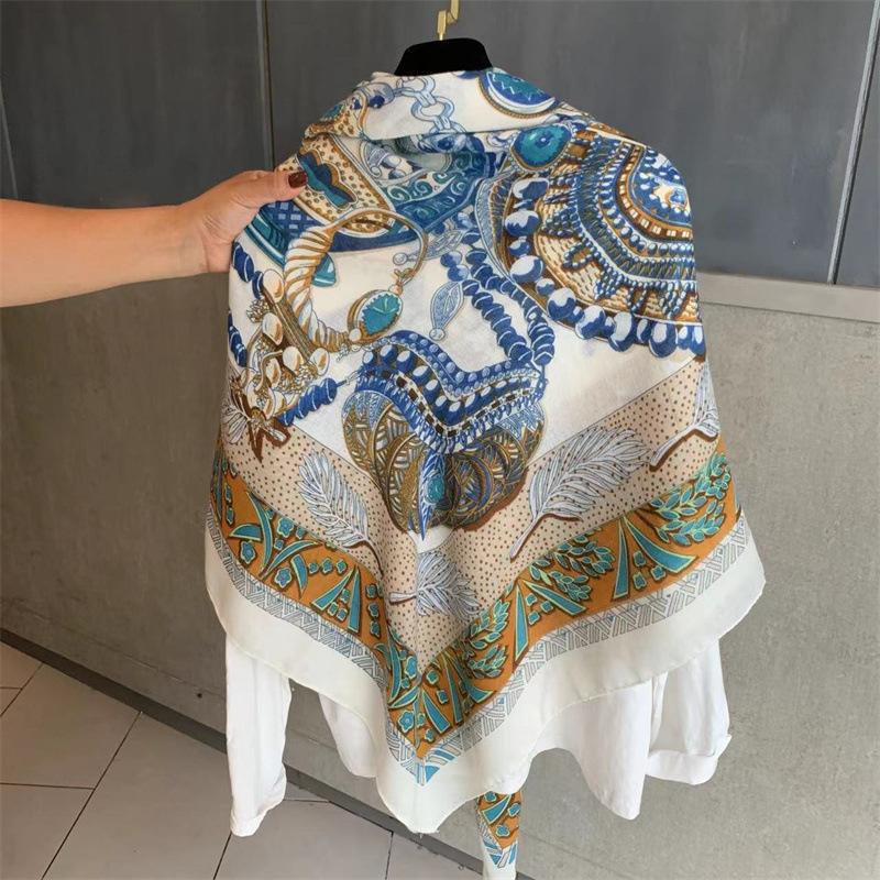 Blue Retro 130 Square Scarf Summer Air-Conditioned Room Shawl Sunscreen Silk Scarf Spring And Autumn Linen Scarf