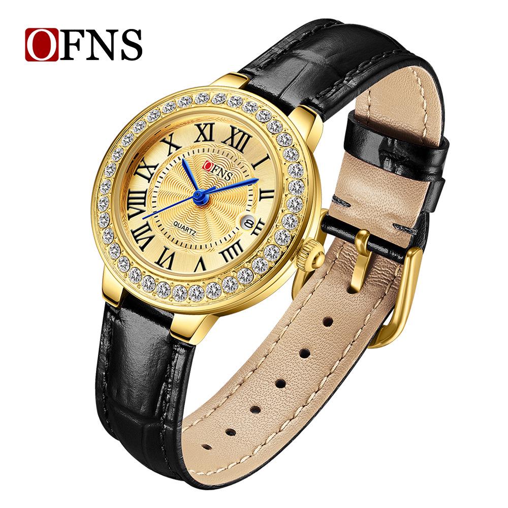 OFNS Women's Luxury Watch: Round Diamond-Inlaid, Versatile Ins Style, Calendar, 30M Waterproof