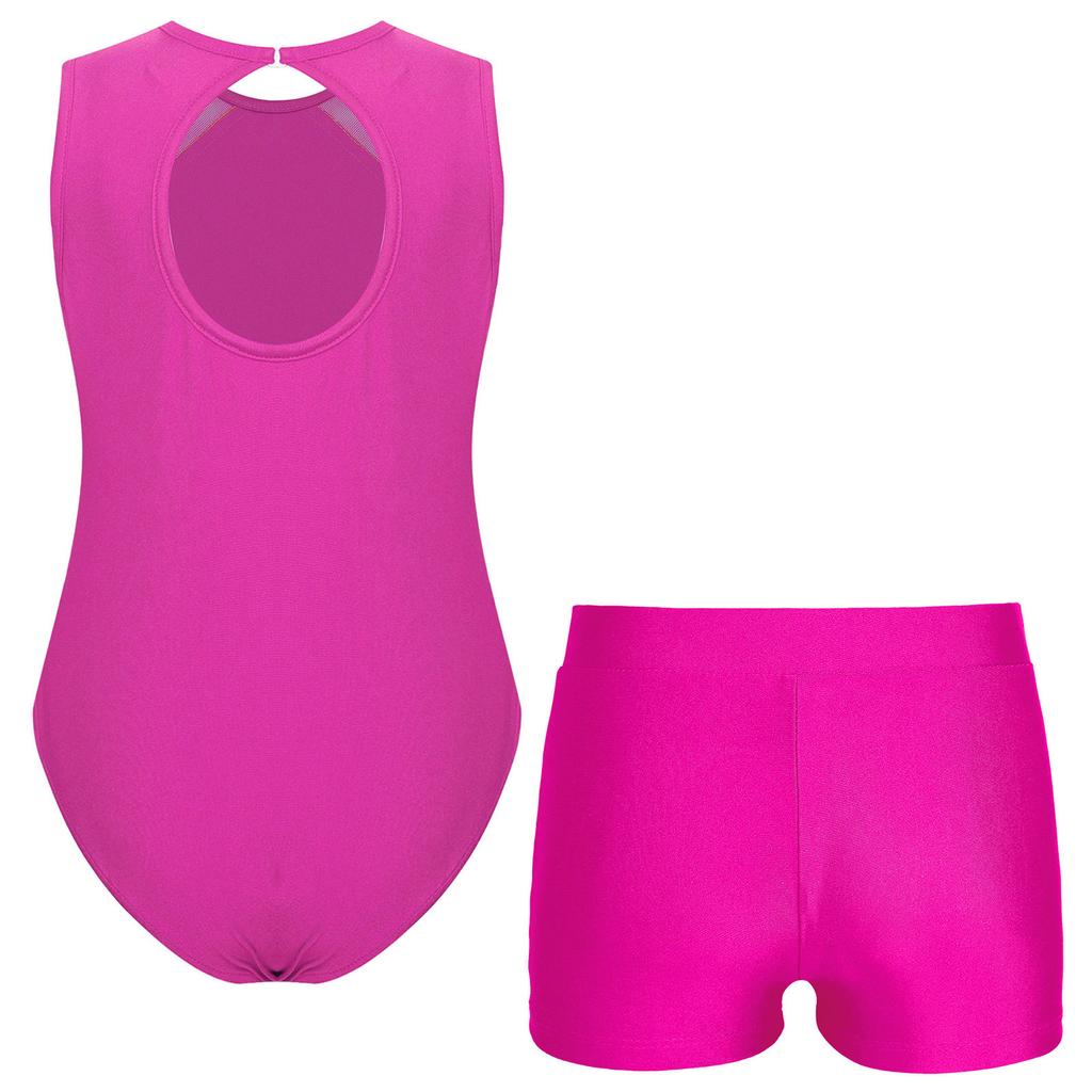 Girls Glittery Rhinestones Gymnastics Outfit V Front Waistband Shorts Keyhole Back Sleeveless Bodysuit Figure Skating Dance