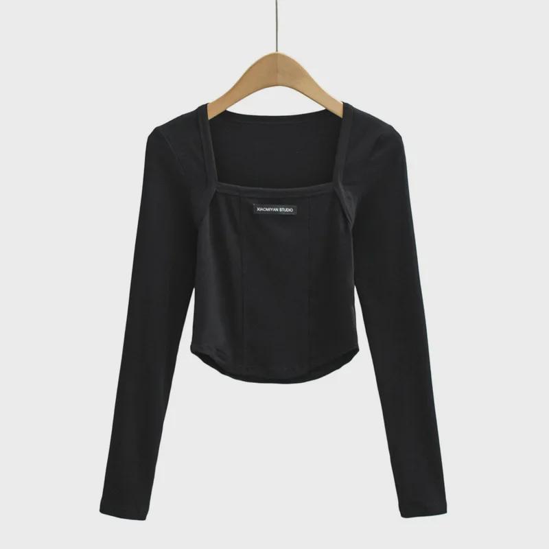 Crop top da donna con scollo quadrato, design a lisca di pesce, strisce piccanti, maniche lunghe