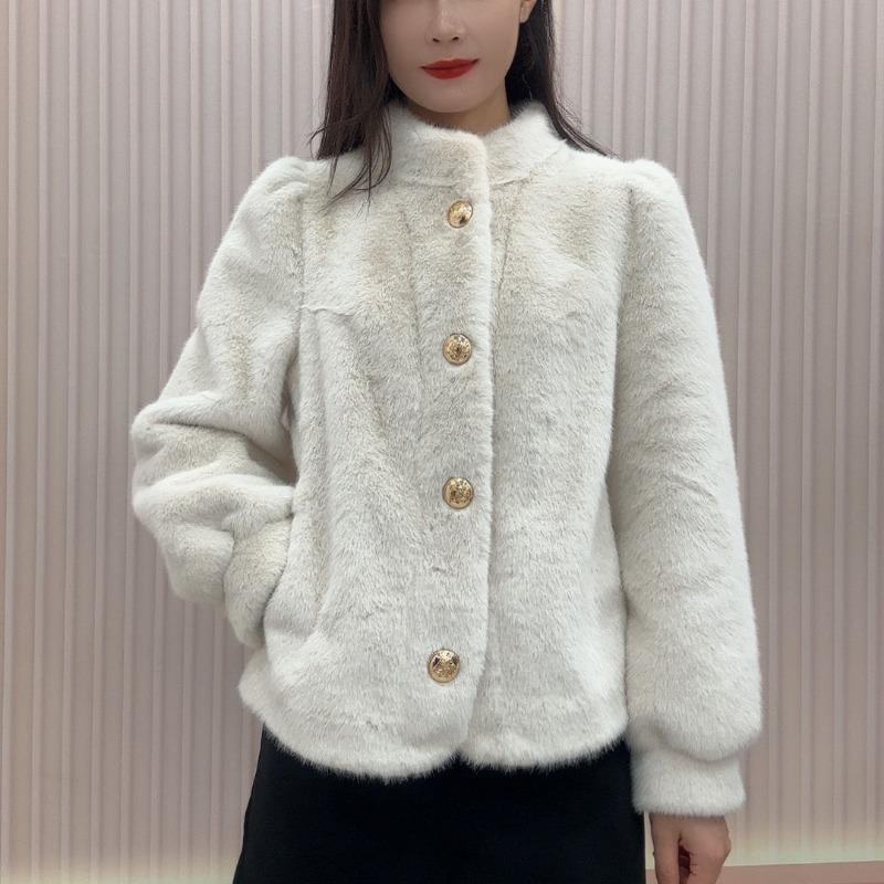 Cappotto Corto di Visone Caldo Spesso Manica Lunga Collo Alto Versatile Capispalla Autunno Inverno