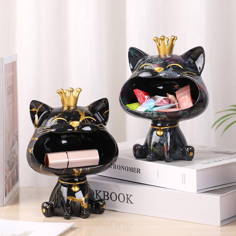 Graffiti Big Mouths Cat Figurine Resin Animal Statue Desktop Keys Candy Storage Box Home Entrance Office Living Room Decoration