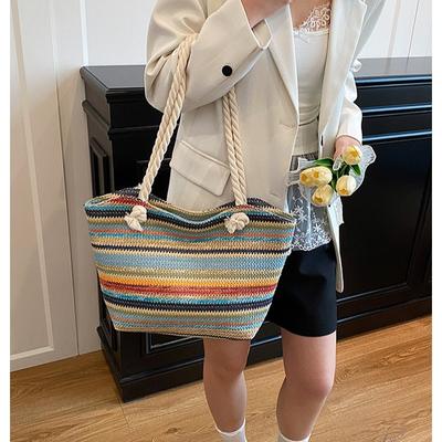 Fashion Rainbow Stripe Women's Bag Contrast Color Stripe Shoulder Bag Women's 2025 New Woven Tote Bag Large Capacity Handbag