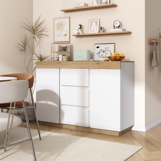 Chest of Drawers with 3 Drawers And 2 Doors, Locker, Storage Function, for Bedroom And Living Room, E1 Chipboard, White+Oak