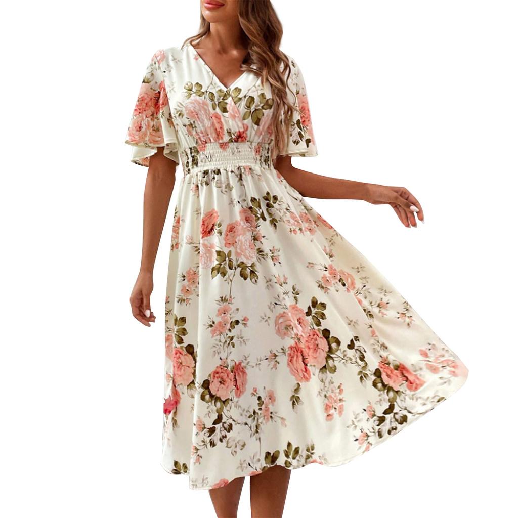 A Summer V-neck Short-sleeved Casual Floral Print Dress For Women