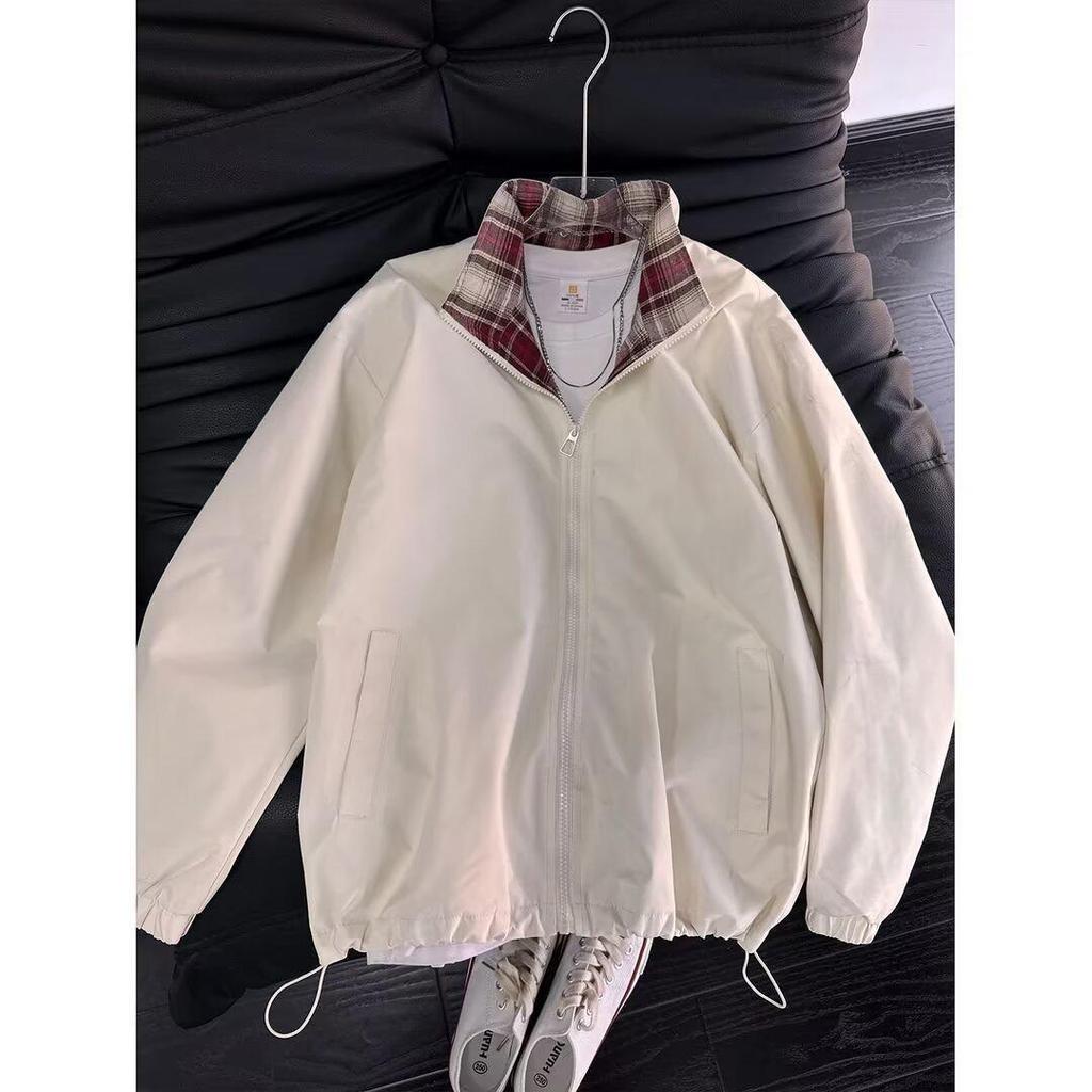 Men's Color-Block Plaid Stand-Up Collar Sports Jacket - Spring/Autumn Loose Casual Windproof Outerwear, Hong Kong Style.