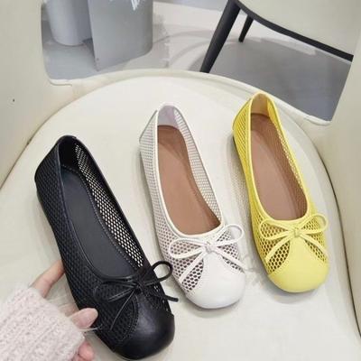Moda Sapatos Solteiros de Bico Redondo Verão Novo Boca Rasa Splicing Malha Laço Borboleta Sola Macia Antiderrapante Resistente ao Desgaste Sapatos Rasteiros