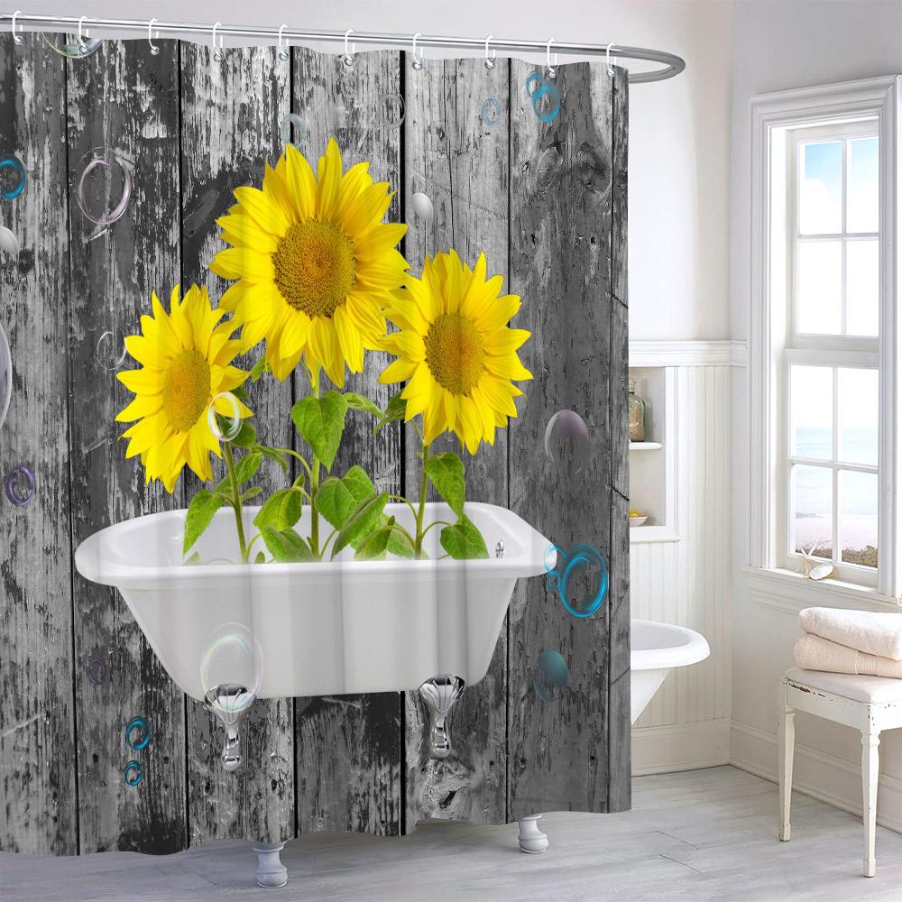 Rustic Sunflower Flower Butterfly Print Shower Curtain Vintage Floral Botanical Polyester Fabric Shower Curtains Bathroom Decor