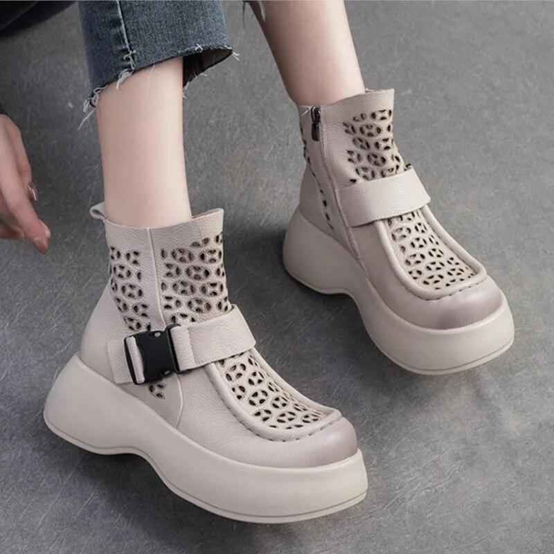 Johnature Breathable Hollow-out Boots Genuine Leather Lightweight Platform Sandals Thick Sole Women's Shoes