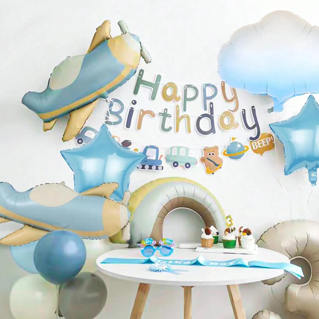 6pcs Matte Airplane Balloon Set, Airplane, White Cloud, Star Balloons, R Birthday Party, Adventure Theme Party Decorations