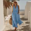 V-Ausschnitt Ärmelloses A-Linien-Langes Kleid Mit Taschen Vintage Strandurlaub