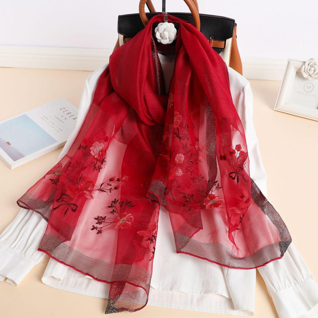 Autumn And Winter Simulated Silk Sunscreen Embroidery Long Silk Scarf Temperament Versatile Shawl Warm Embroidery Scarf Women