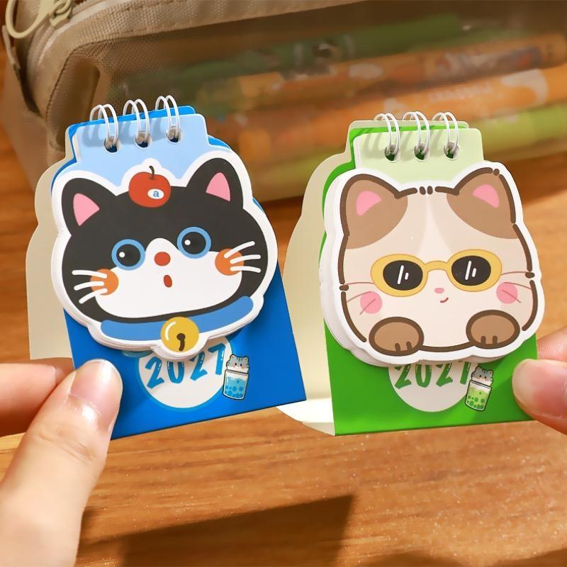 2027 Mini Desktop Calendar Cartoon Cat Prints Desk Calendar Portable Office Home Decoration