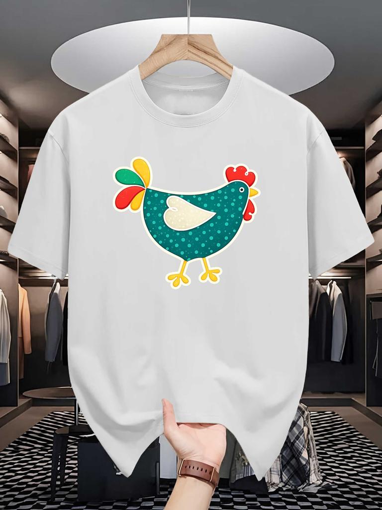 Unisex Cotton Tee Lovely Folk Colorful Hen Cartoon Graphic Print Loose Breathable Summer Crew Neck Casual Daily Tee Shirt For Unisex