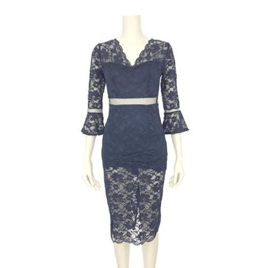 GRAXIA Midi Tight Bell Full Lace Floral Perfect for Hostess or Lounge Navy with Floral Size XL Women's Dress, Fit, Sleeves, Knee-Length, Print,