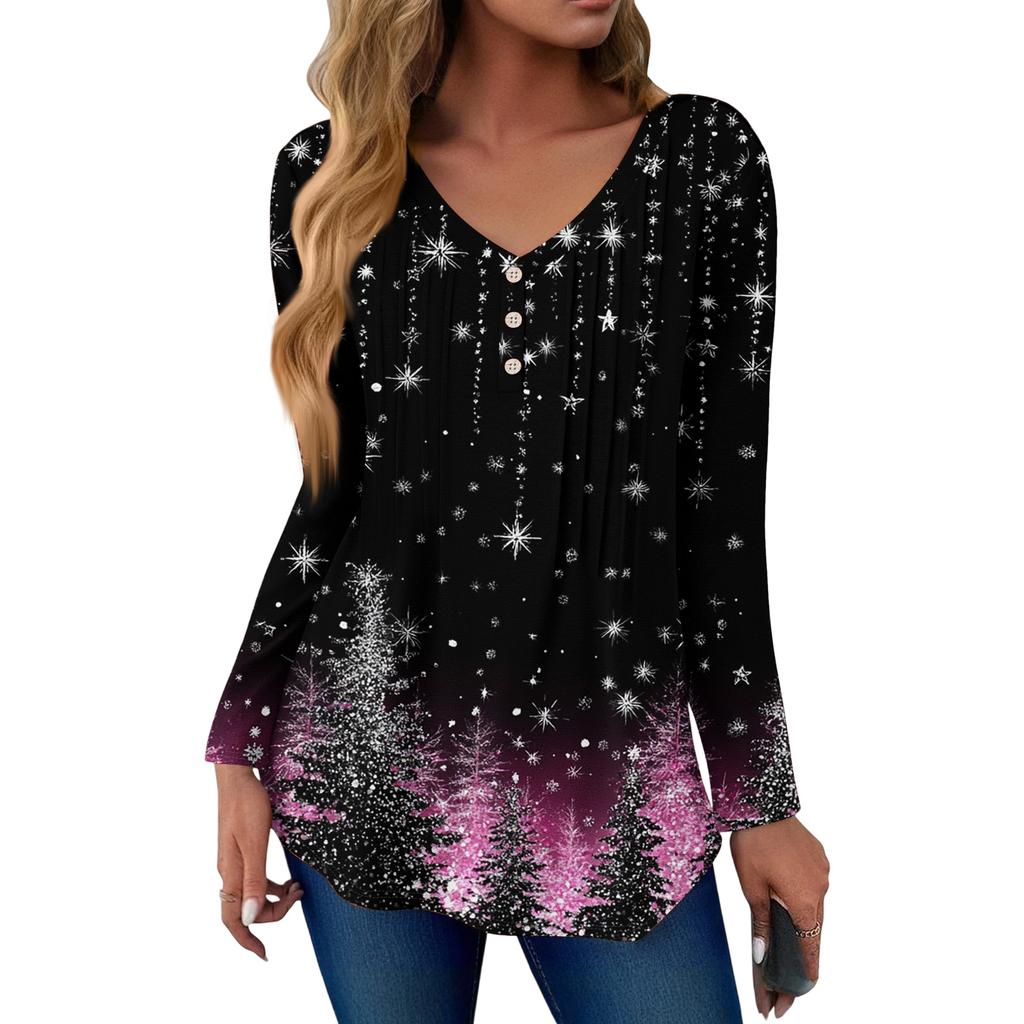 Women's Fashion Casual Christmas Tree Print V-Neck Decorative Button Long Sleeve T-Shirt Top