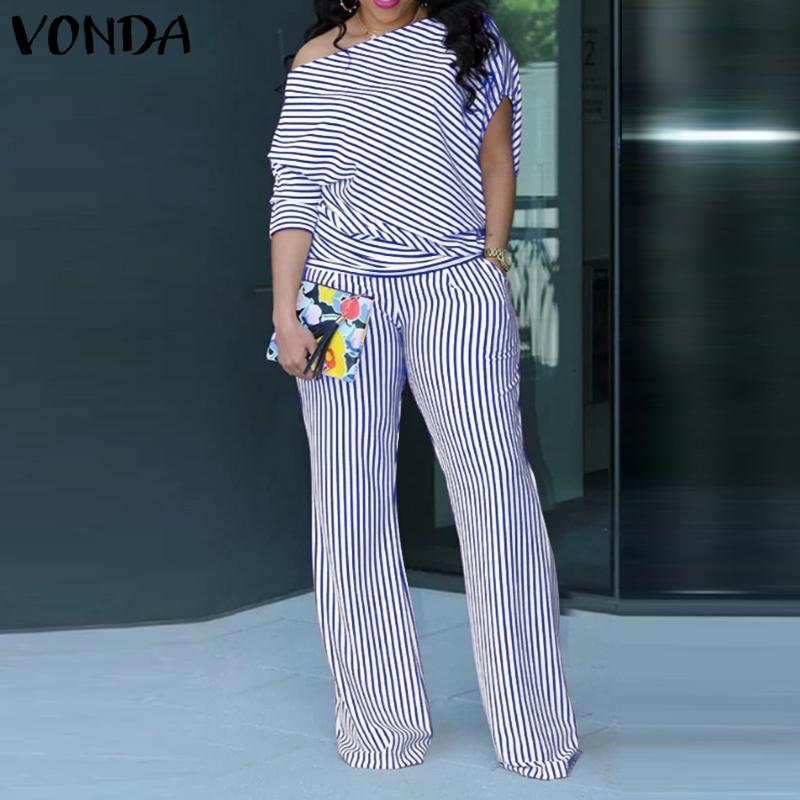 VONDA Women Plus Size Off Shoulder 3/4 Sleeve Striped Tops Pants Sets
