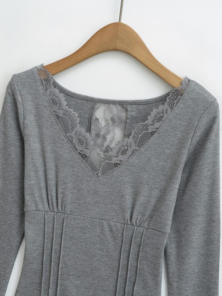 Spicy Girl V-Neck Lace Long Sleeve Slim Top - Women's Spring 2025